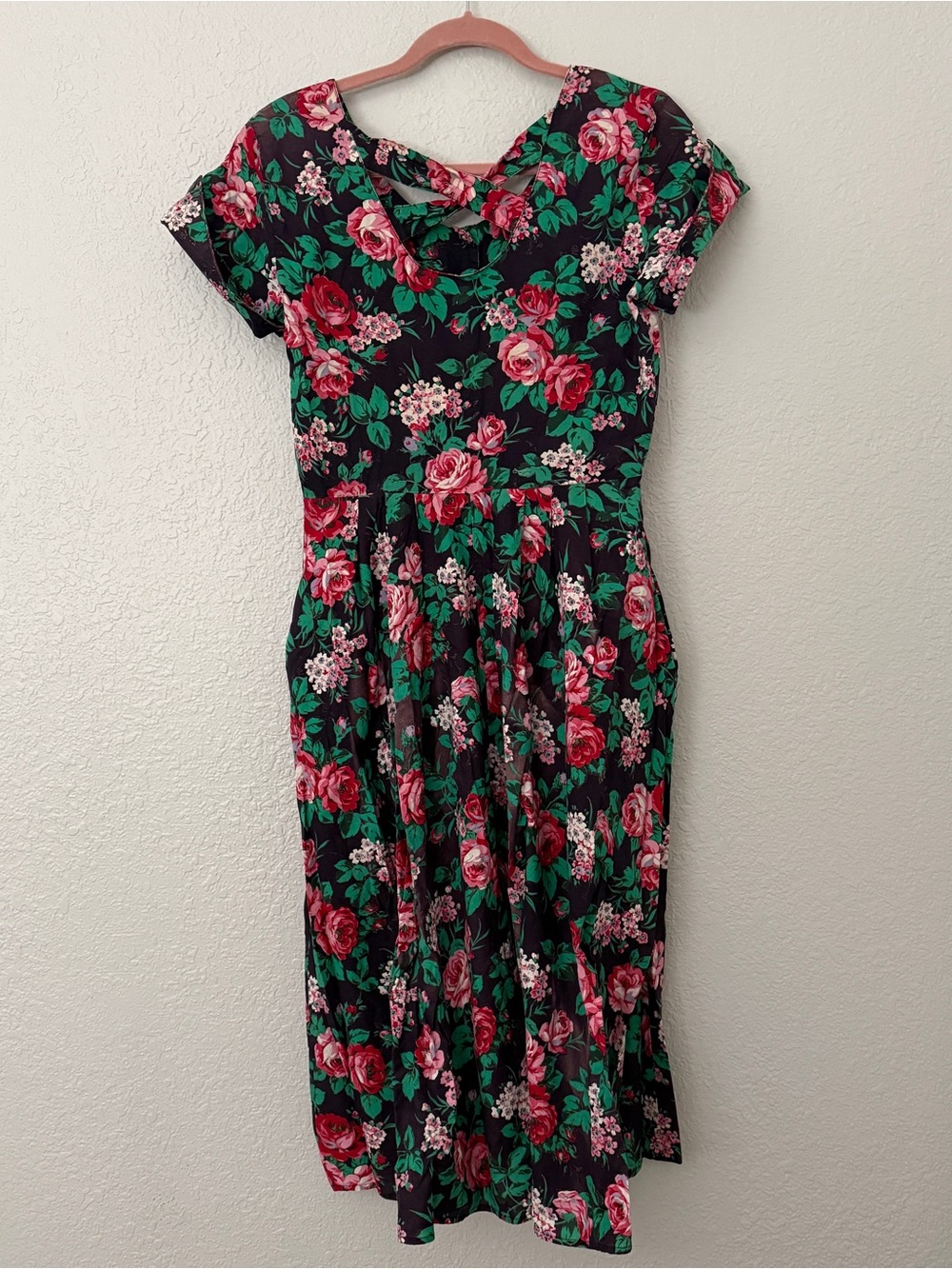 Vintage Black Floral Midi Dress with Pink Roses